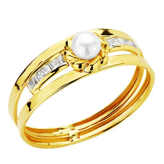 18K Sortija Oro Amarillo Doble Cuerpo Con Perla De 3 Mm Y Circonitas En Carril. Ancho: 6 Mm