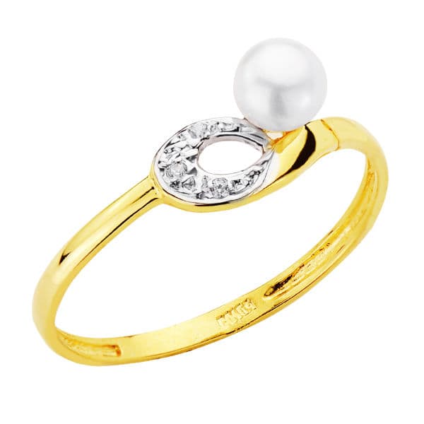 18K Sortija Oro Bicolor Motivo Calado Con Perla De 4 Mm Y Circonitas. Ancho: 6,5 Mm