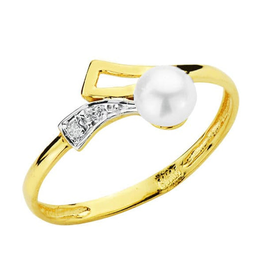 18K Sortija Oro Bicolor Motivo Calado Con Perla De 4 Mm Y Circonitas. Ancho: 7,5 Mm