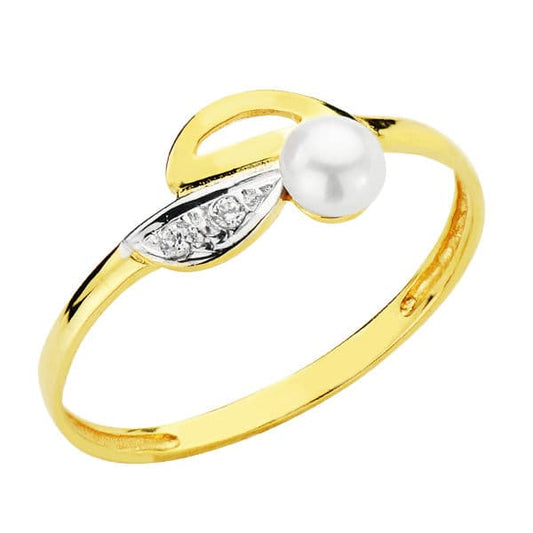 18K Sortija Oro Bicolor Motivo Calado Con Perla De 3,5 Mm Y Circonitas. Ancho: 7 Mm