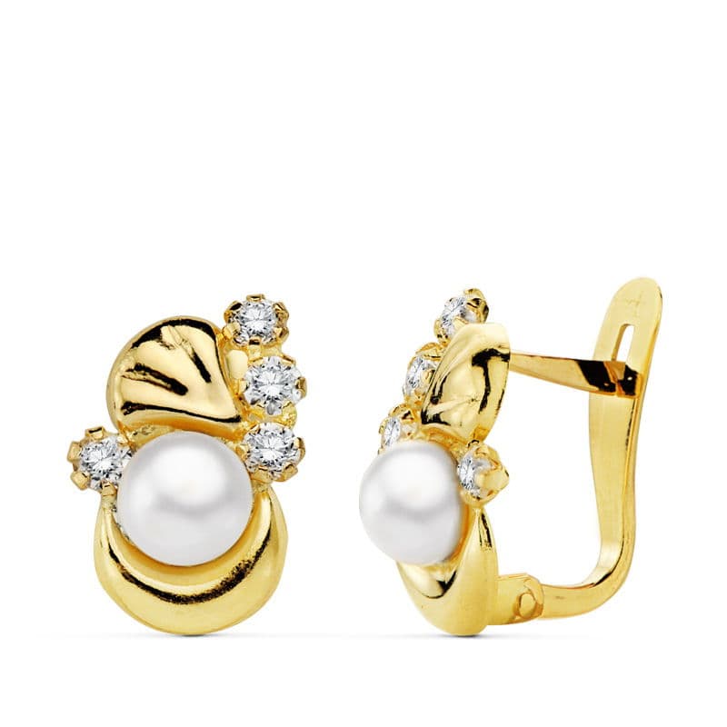 18K Pendientes Oro Amarillo Perla Y Circonita 12X8 Mm Cierre Catalan