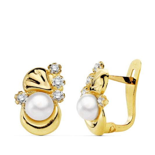 18K Pendientes Oro Amarillo Perla Y Circonita 12X8 Mm Cierre Catalan