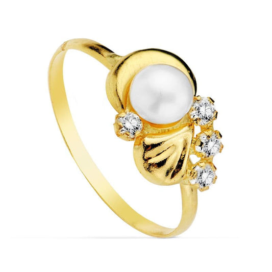 18K Sortija Oro Amarillo Motivo Con Perla 4Mm Y Circonitas. Ancho: 7,5 Mm
