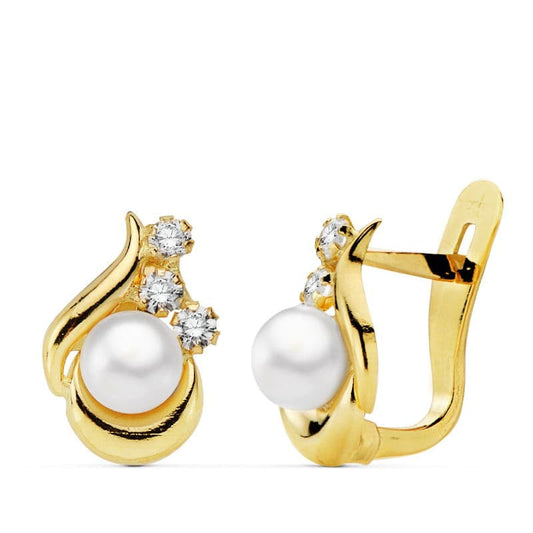 18K Pendientes Oro Amarillo Perla Y Circonita 11X8 Mm Cierre Catalan
