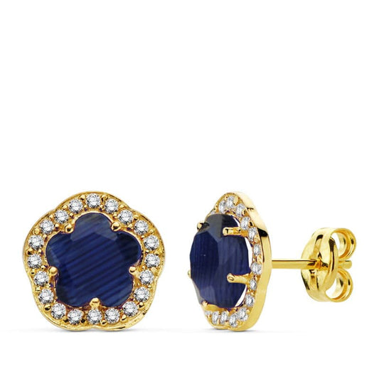9K Pendientes Oro Amarillo Estrella 9 Mm Piedra Color Azul Cierre Presion
