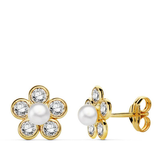 18K Pendientes Oro Amarillo Flor Circonita 9X9 Mm Cierre Presion