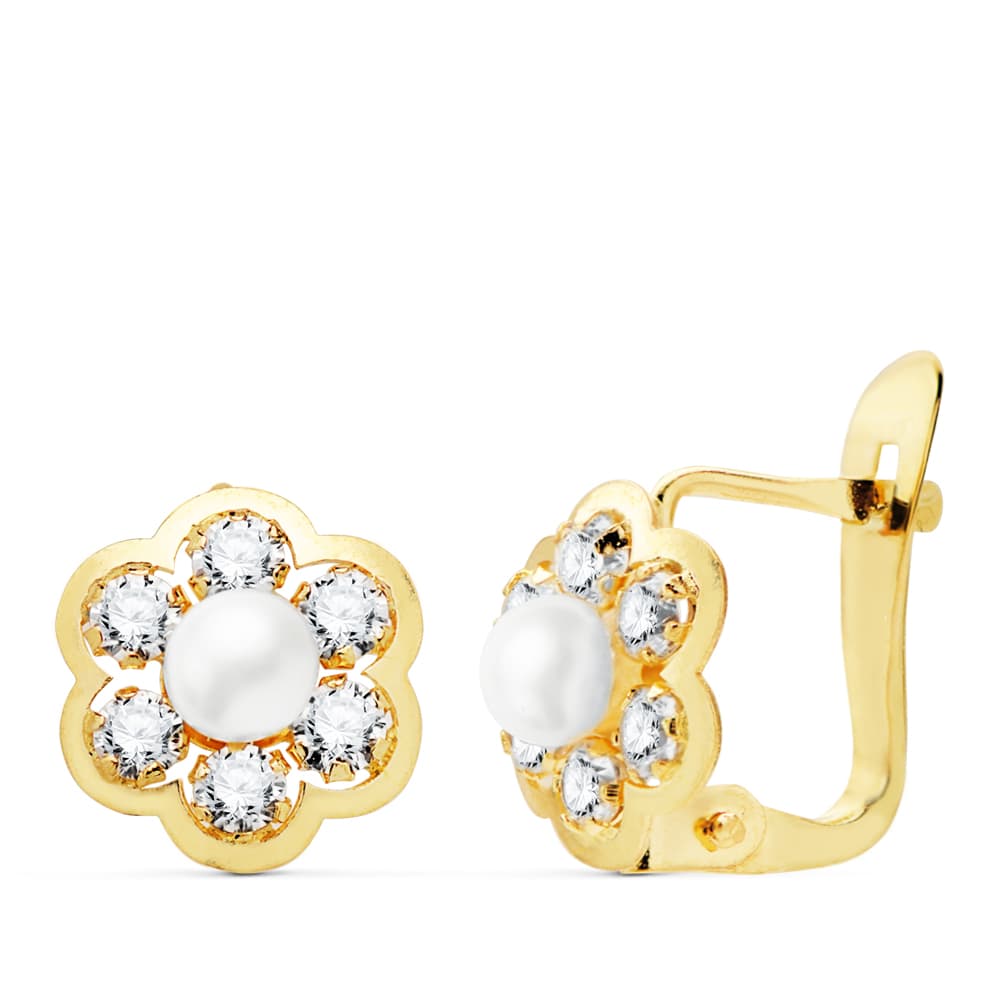 18K Pendientes Oro Amarillo Flor Con Circonita Y Perla 8X8 Mm Catalan