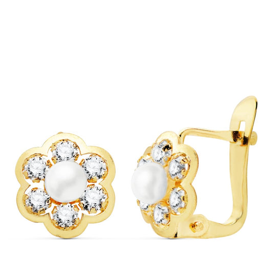 18K Pendientes Oro Amarillo Flor Con Circonita Y Perla 8X8 Mm Catalan