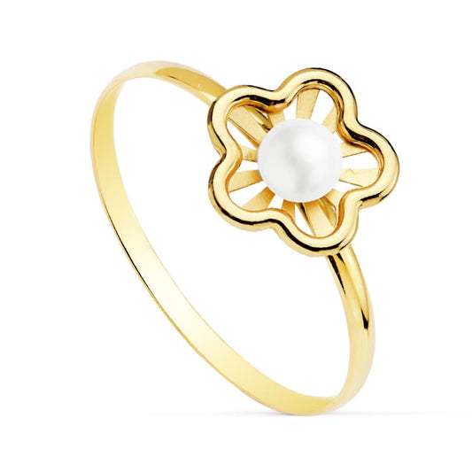 18K Sortija Oro Amarillo Flor Calada Con Perla De 3 Mm. Ancho: 8 Mm