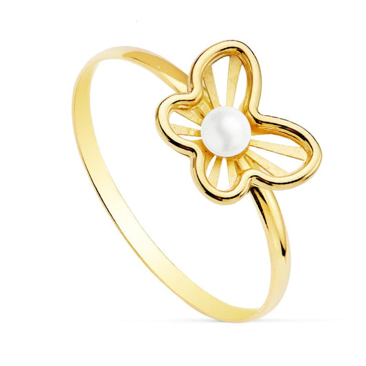 18K Sortija Oro Amarillo Mariposa Calada Con Perla 2,5 Mm. Medida: 9 X 7,5 Mm