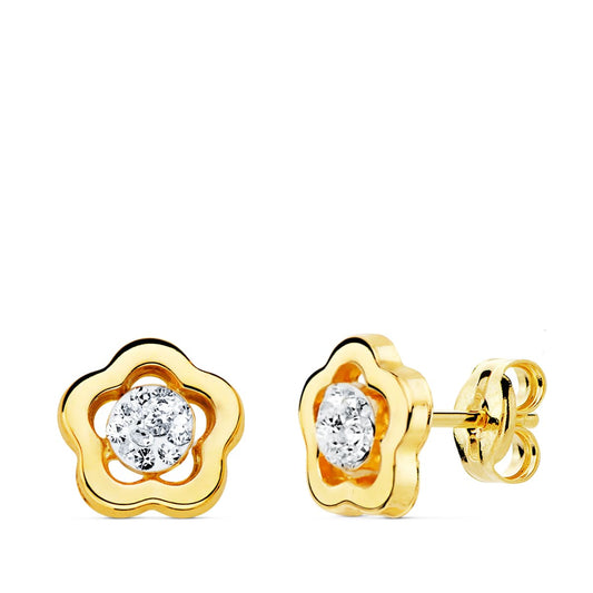 18K Pendientes Oro Amarillo Flor Y Circonita 8X8 Mm Presion