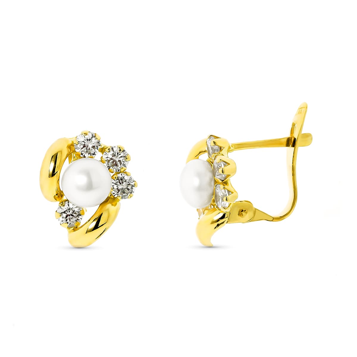 18K Pendientes Oro Amarillo Perla 5 Mm Y Circonita Cierre Catalan