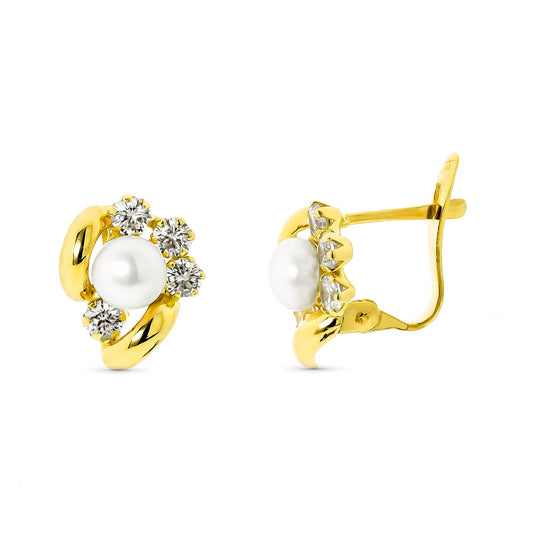 18K Pendientes Oro Amarillo Perla 5 Mm Y Circonita Cierre Catalan