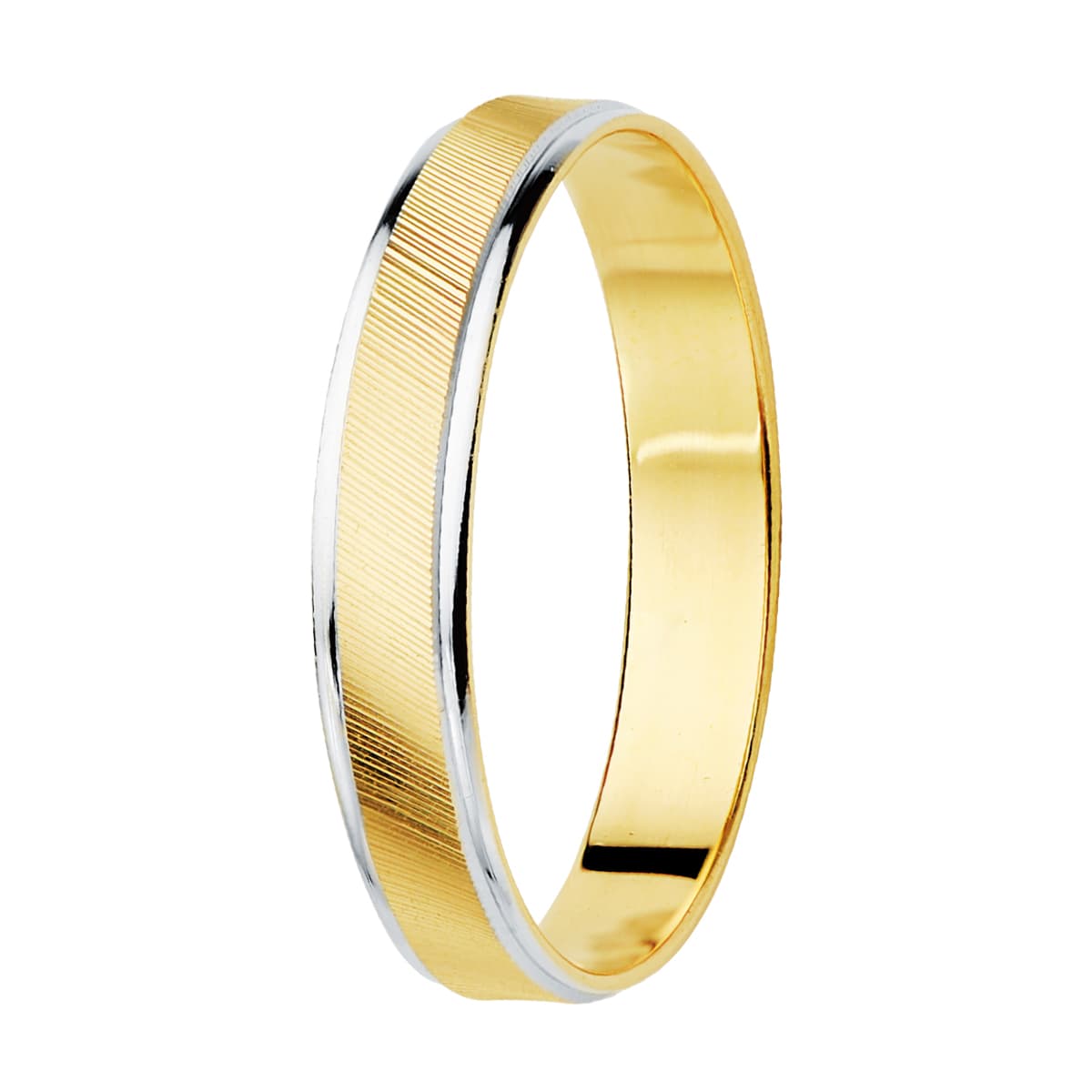 18K Alianza Oro Bicolor Estrias Y Bordes En Brillo Ancho: 3,5 Mm.
