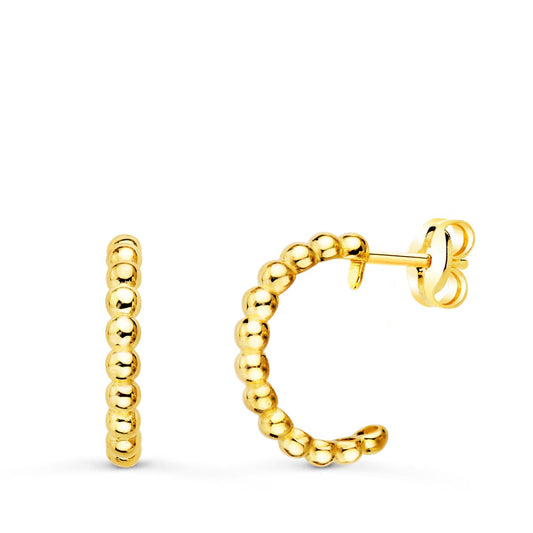 18K Aros Oro Amarillo Abiertos Bolas Lisas 14 Mm Ancho 2 Mm Cierre Presion