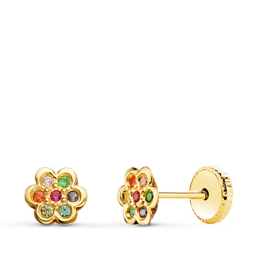 18K Pendientes Oro Amarillo Flor Con Circonita Colores 5X5 Mm Cierre Tuerca
