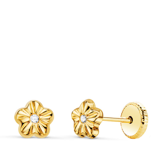18K Pendientes Oro Amarillo Flor Con Circonita 5 X 5 Mm Cierre Tuerca