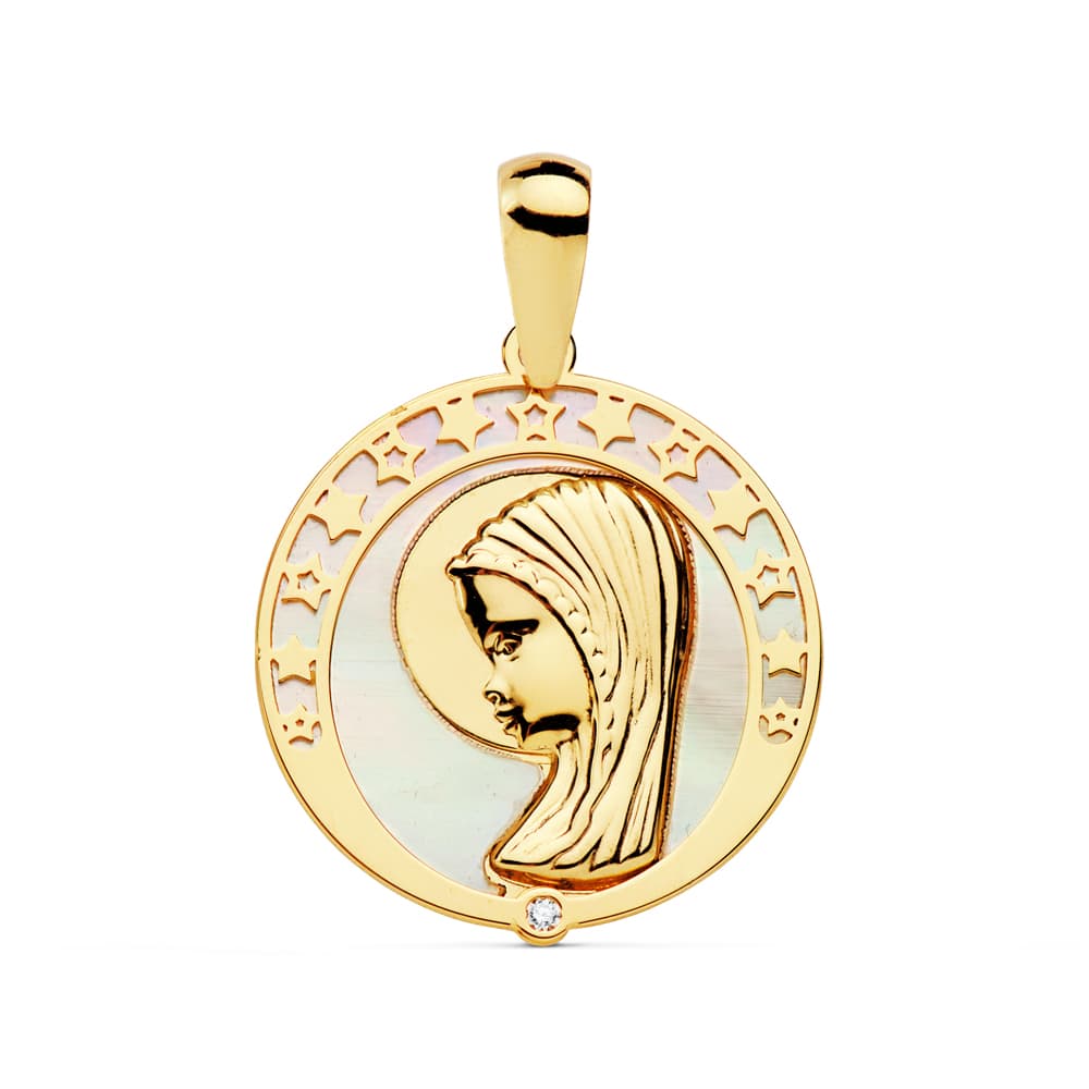 18K Medalla Oro Amarillo Virgen Niña Nacar Circonita 17 Mm