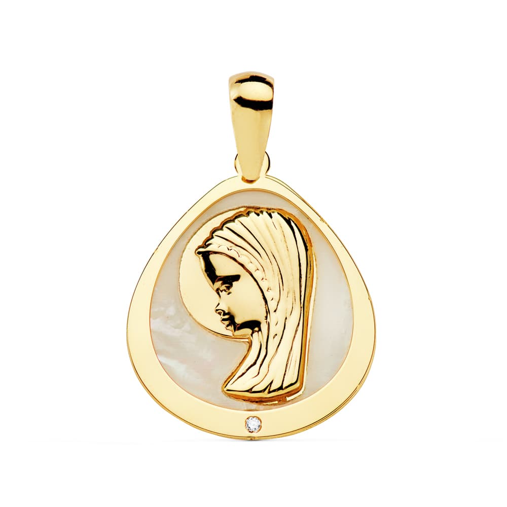 18K Medalla Oro Amarillo Virgen Niña Nacar 18X16 Mm