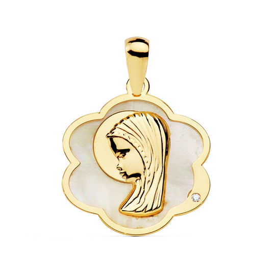 18K Medalla Oro Amarillo Flor Con Virgen Niña Nacar 18X17 Mm