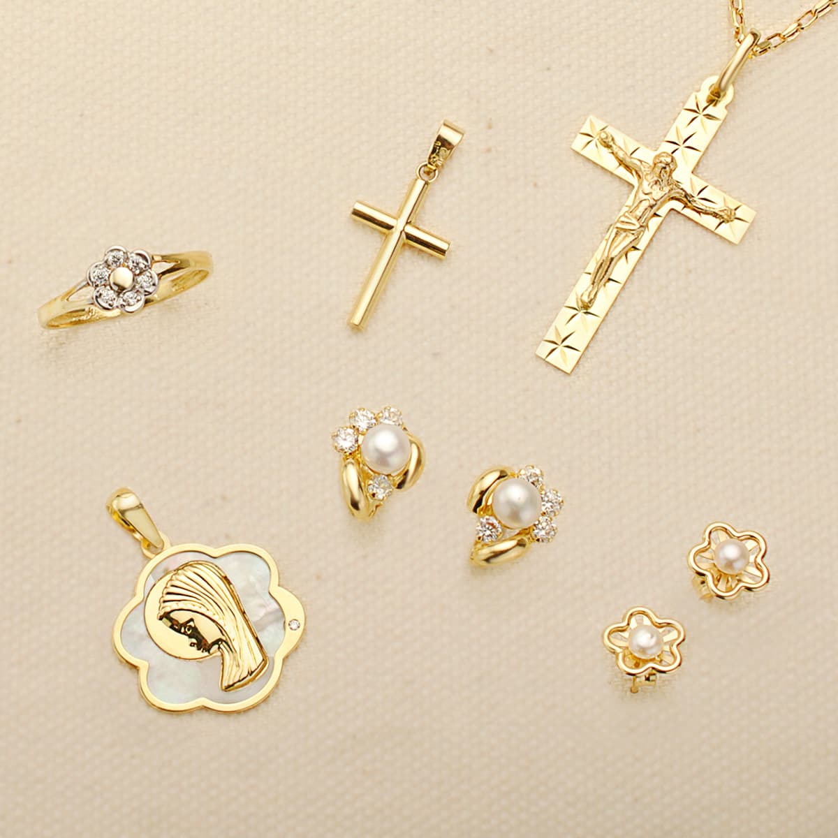 18K MEDALLA ORO AMARILLO FLOR CON VIRGEN NIÑA NACAR 18X17 MM