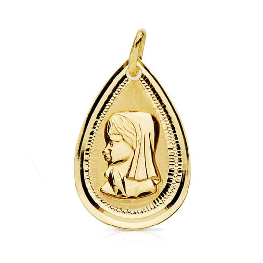 18K Medalla Oro Amarillo Virgen Niña Lagrima Bisel 20X14 Mm