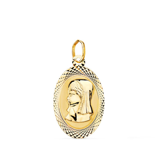 18K Medalla Oro Amarillo Virgen Niña Oval Tallada Brillo Y Mate 18X12 Mm