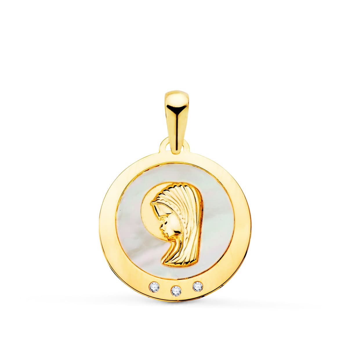 18K Medalla Oro Amarillo Virgen Niña Con Nacar Y Circonita 14 Mm