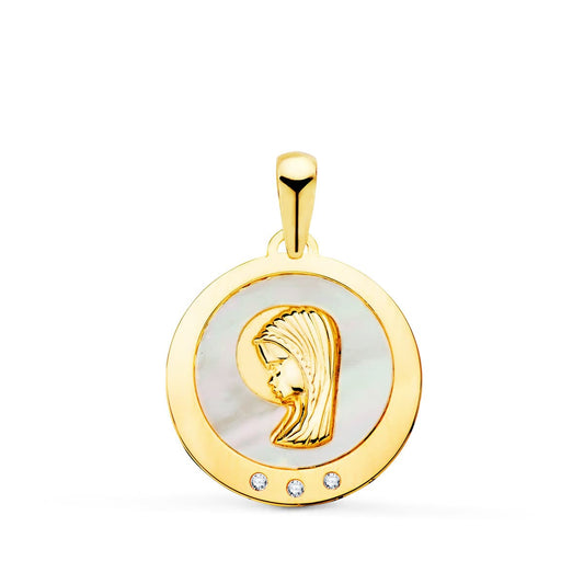 18K Medalla Oro Amarillo Virgen Niña Con Nacar Y Circonita 14 Mm