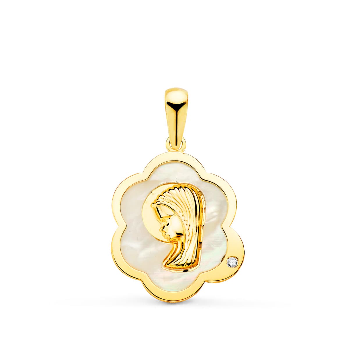 18K Medalla Oro Amarillo Virgen Niña Nube Con Nacar Y Circonita 15X12 Mm