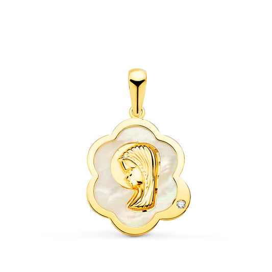18K Medalla Oro Amarillo Virgen Niña Nube Con Nacar Y Circonita 15X12 Mm