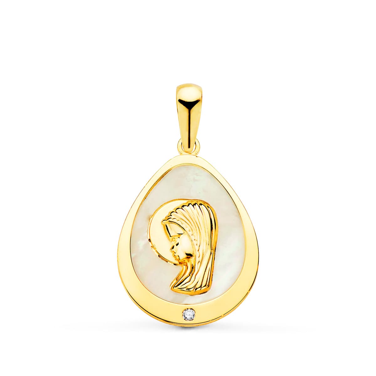 18K Medalla Oro Amarillo Virgen Niña Lagrima Con Nacar Y Circonita 15X12 Mm