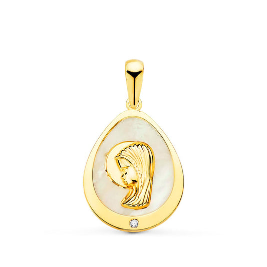 18K Medalla Oro Amarillo Virgen Niña Lagrima Con Nacar Y Circonita 15X12 Mm