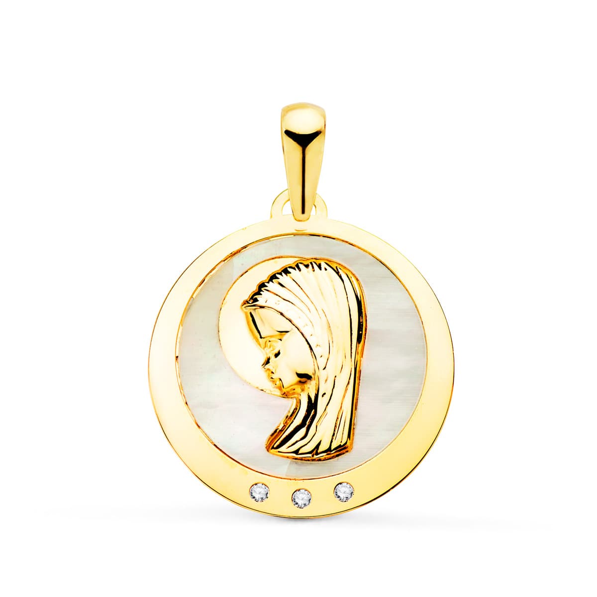 18K Medalla Oro Amarillo Virgen Niña Con Nacar Y Circonita 19 Mm