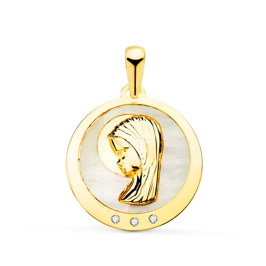 18K Medalla Oro Amarillo Virgen Niña Con Nacar Y Circonita 19 Mm
