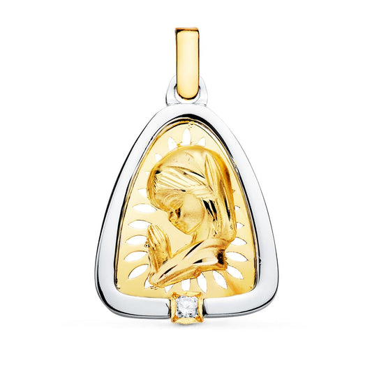 18K Medalla Oro Amarillo Virgen Niña Oro Y Plata Circonita 21X17 Mm