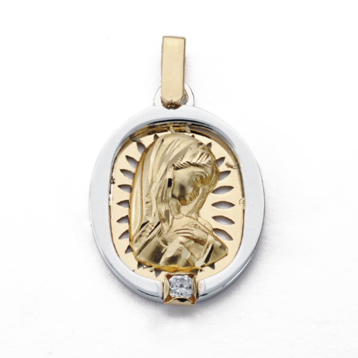 18K Medalla Oro Amarillo Virgen Niña Oro Bicolor Calada Con Circonita 24X17 Mm