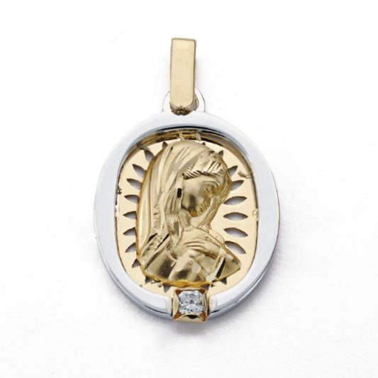 18K Medalla Oro Amarillo Virgen Niña Oro Bicolor Calada Con Circonita 24X17 Mm