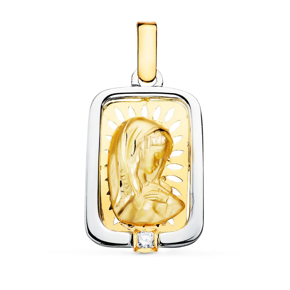 18K Medalla Oro Amarillo Virgen Niña Oro Y Plata Circonita 21X15 Mm