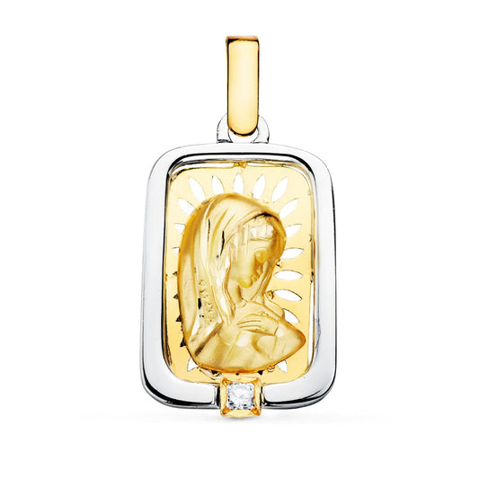 18K Medalla Oro Amarillo Virgen Niña Oro Y Plata Circonita 21X15 Mm