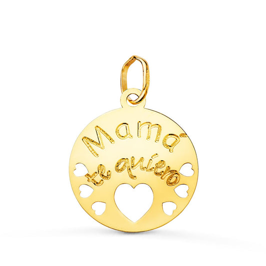 18K Colgante Oro Amarillo Redondo Mama Te Quiero Con Corazone Calados 15 Mm