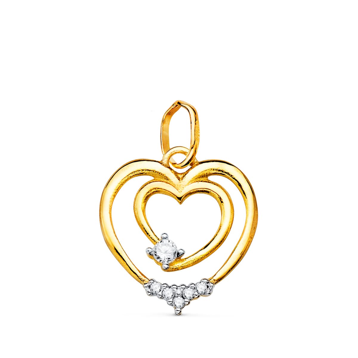 18K Colgante Oro Bicolor Doble Corazon Con Circonita 15X14 Mm