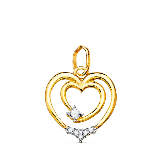 18K Colgante Oro Bicolor Doble Corazon Con Circonita 15X14 Mm