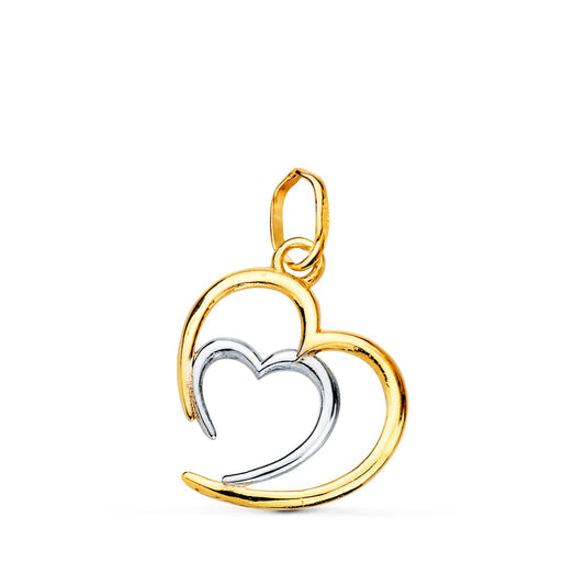 18K Colgante Oro Bicolor Doble Corazon En Brillo 14X13 Mm