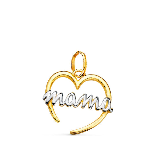 18K Colgante Oro Bicolor Corazon Con Mama De Oro Balnco. 15X14 Mm