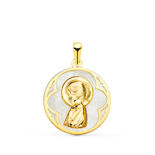 18K Medalla Oro Amarillo Redonda Con Nacar Blanco Y Virgen Niña. 18 Mm