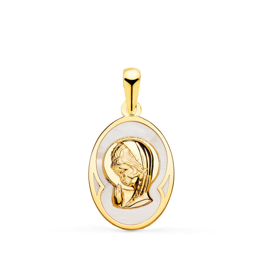 18K MEDALLA ORO AMARILLO OVAL CON NACAR BLANCO Y VIRGEN NIÑA 17 X 12 MM