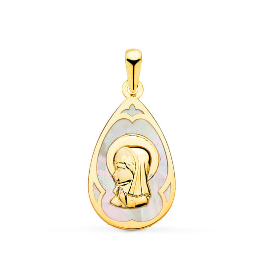 18K Medalla Oro Amarillo Gota Con Nacar Blanco Y Virgen Niña 21 X 14 Mm