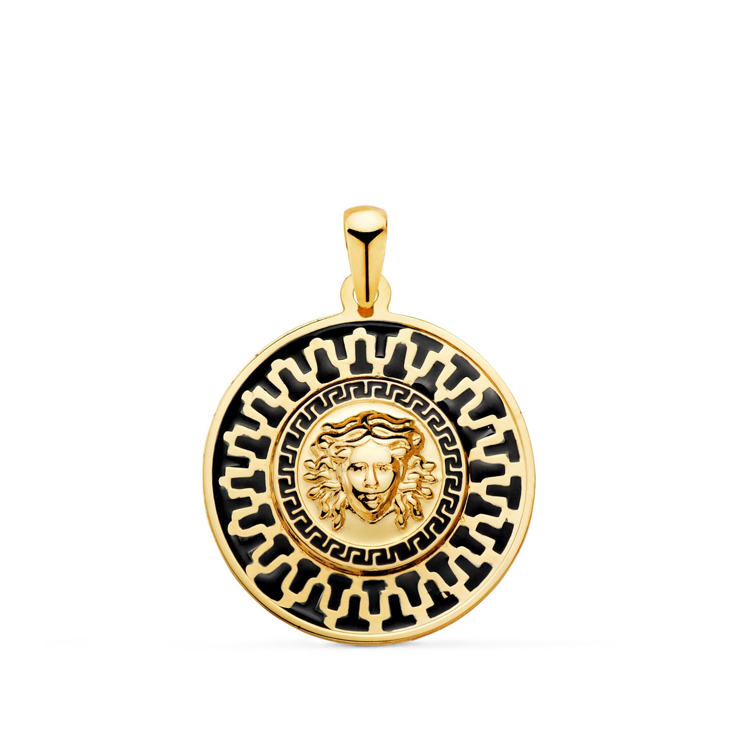 18K MEDALLA ORO AMARILLO MEDUSA GRECA Y MOTIVO CON ESMALTE NEGRO. 20 MM