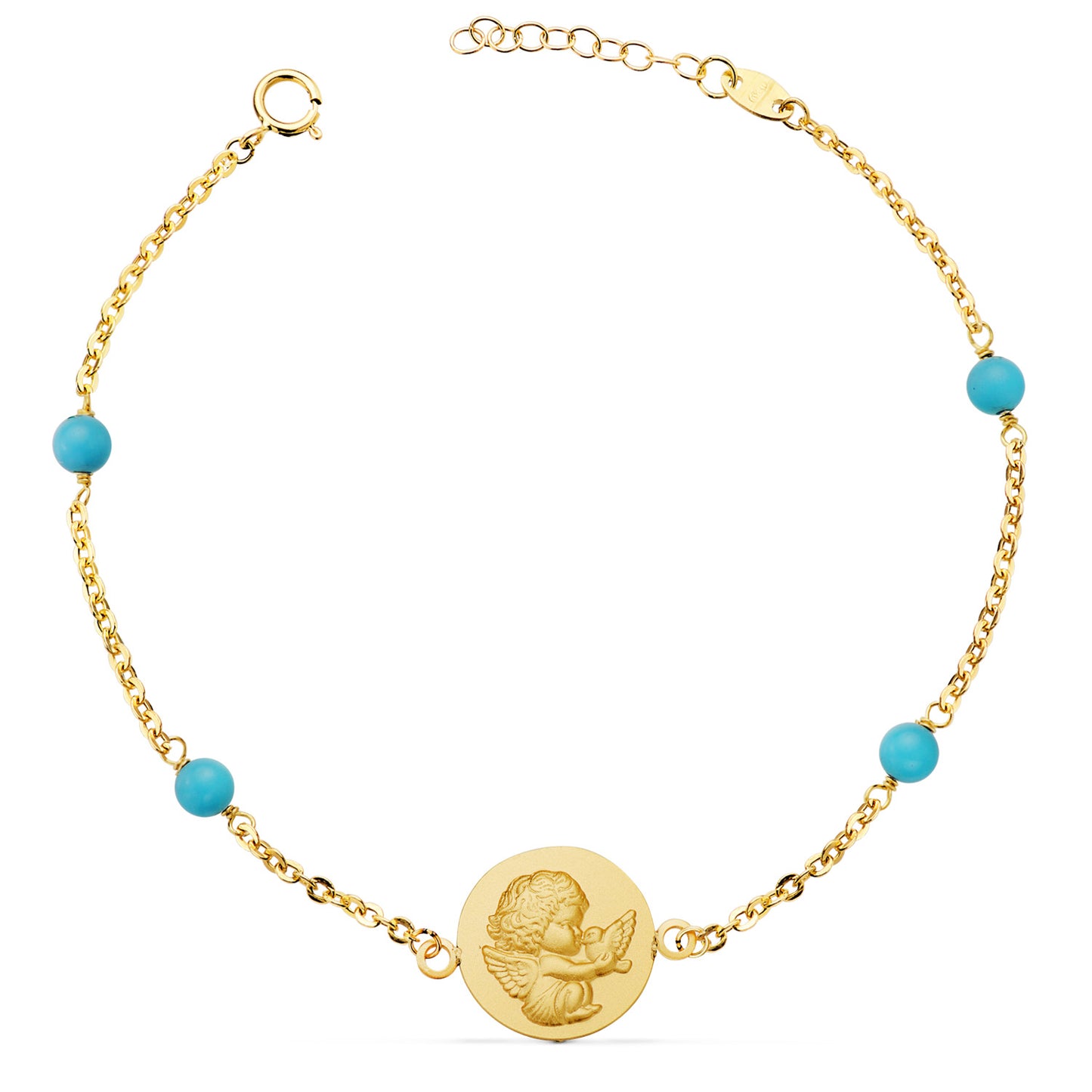 18K PULSERA ORO AMARILLO MEDALLA ANGELITO 14 MM Y BOLAS TURQUESAS. LARGO: 19 3 CM